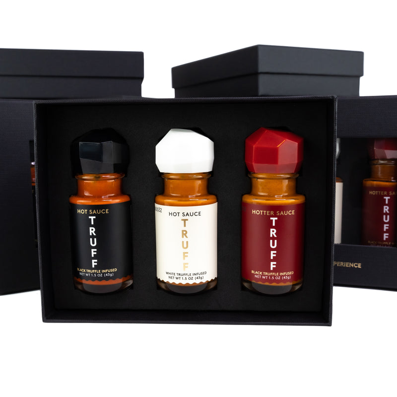 Truff Hot Sauce variety pack showing three bottles in retail box with no cover