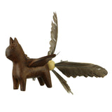 Closeup of Cat Whirly Mobile showing hand carved flying cat with duck feather tail. 