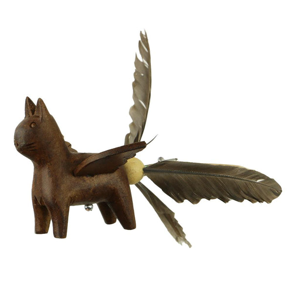 Closeup of Cat Whirly Mobile showing hand carved flying cat with duck feather tail. 