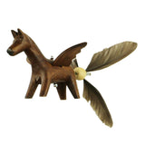 Closeup of Horse Whirly Mobile showing hand carved flying horse with duck feather tail.